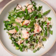 Salmon bowl with wild rice, asparagus, mint, coriander and chilli.