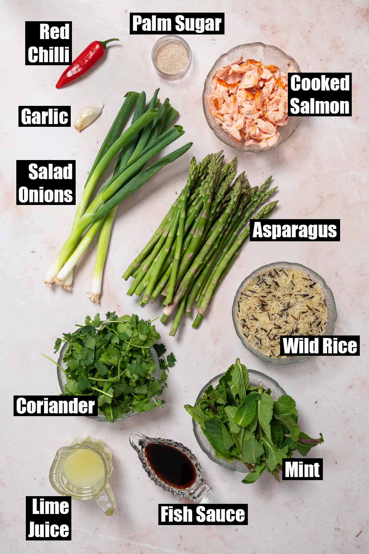 Labelled ingredients for spicy salmon rice bowls