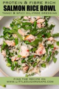 Labelled spicy salmon rice bowl with wild rice, asparagus, mint, coriander and chilli.