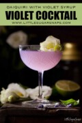 Labelled violet cocktail in a vintage coupe glass garnished with a curl of lime and a white flower.