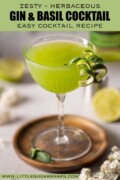 Labelled gin and basil cocktail with spirals of lime zest and basil leaf garnish.
