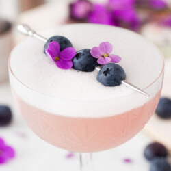 A blueberry gin cocktail with egg white foam and blueberry & flower garnish.