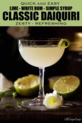 A classic lime daiquiri garnished with a curl of lime zest in a vintage cocktail glass with text overlay.
