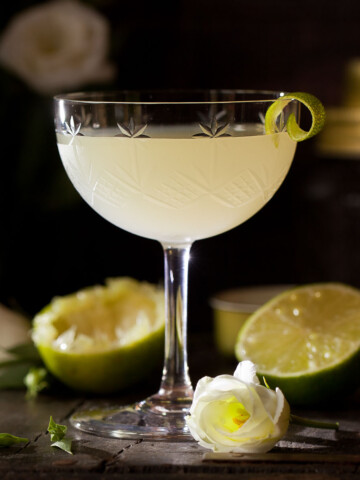 A classic daiquiri cocktail with lime zest garnish in a dark setting.