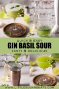 A labelled collage for a basil gin cocktail showing basil gin being prepared and two cocktail presentations.