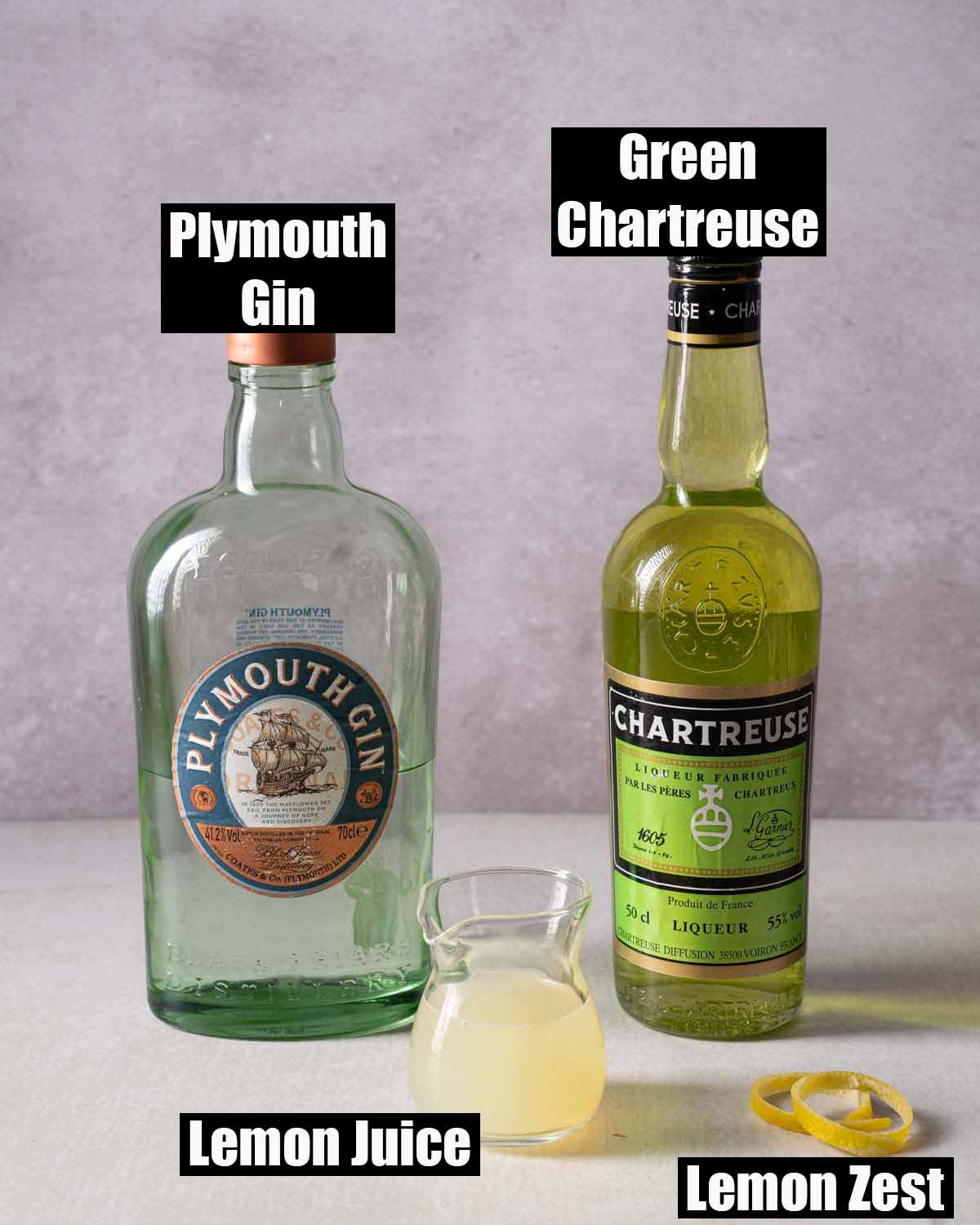 Ingredients for a gin and Green Chartreuse cocktail with text overlay.