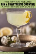 A labelled Spring Feeling gin and chartreuse cocktail garnished with lemon zest spirals.