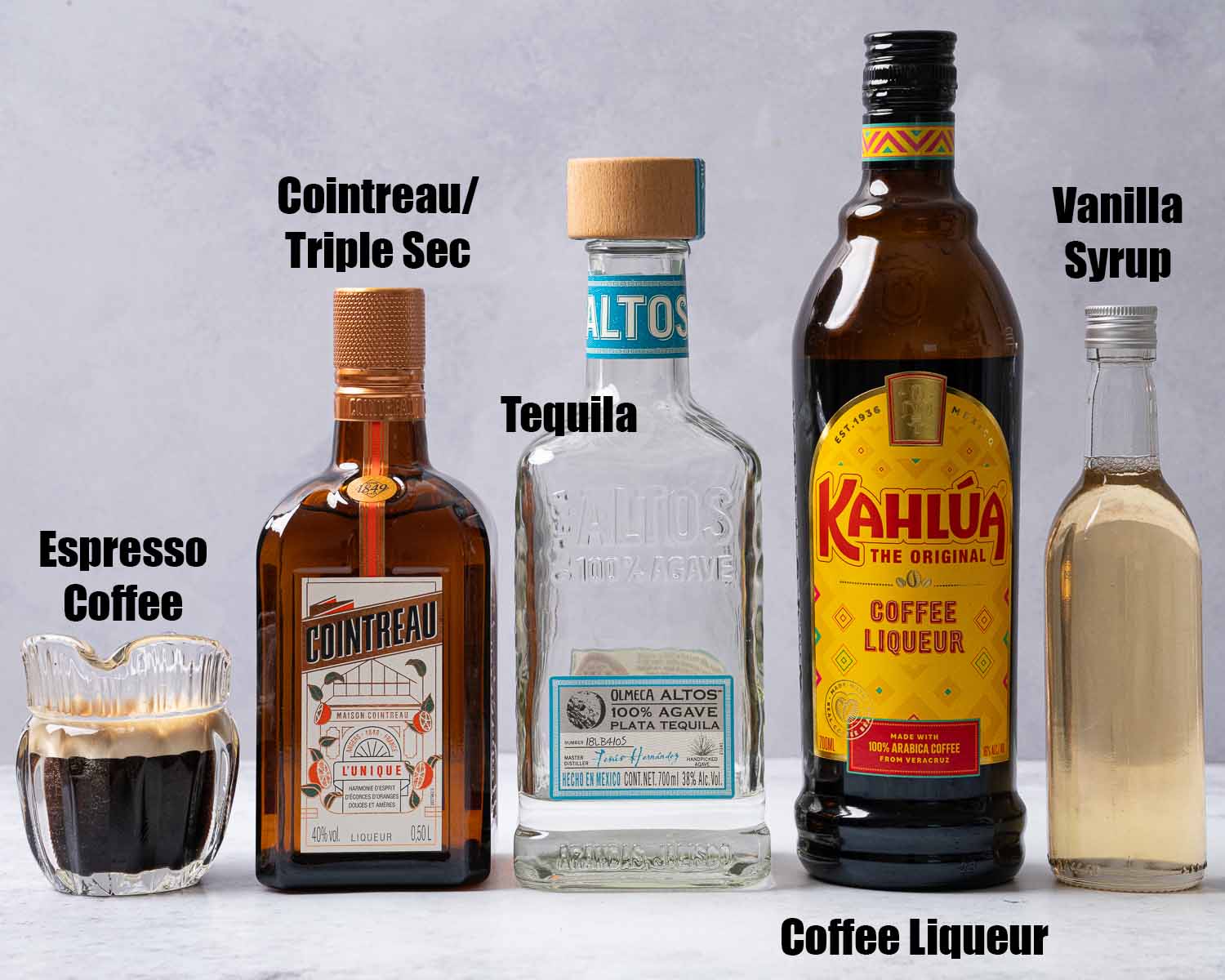 Labelled ingredients for a coffee and tequila cocktail.