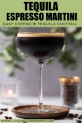 Labelled espresso martini with tequila with crema top in a gold rimmed glass.