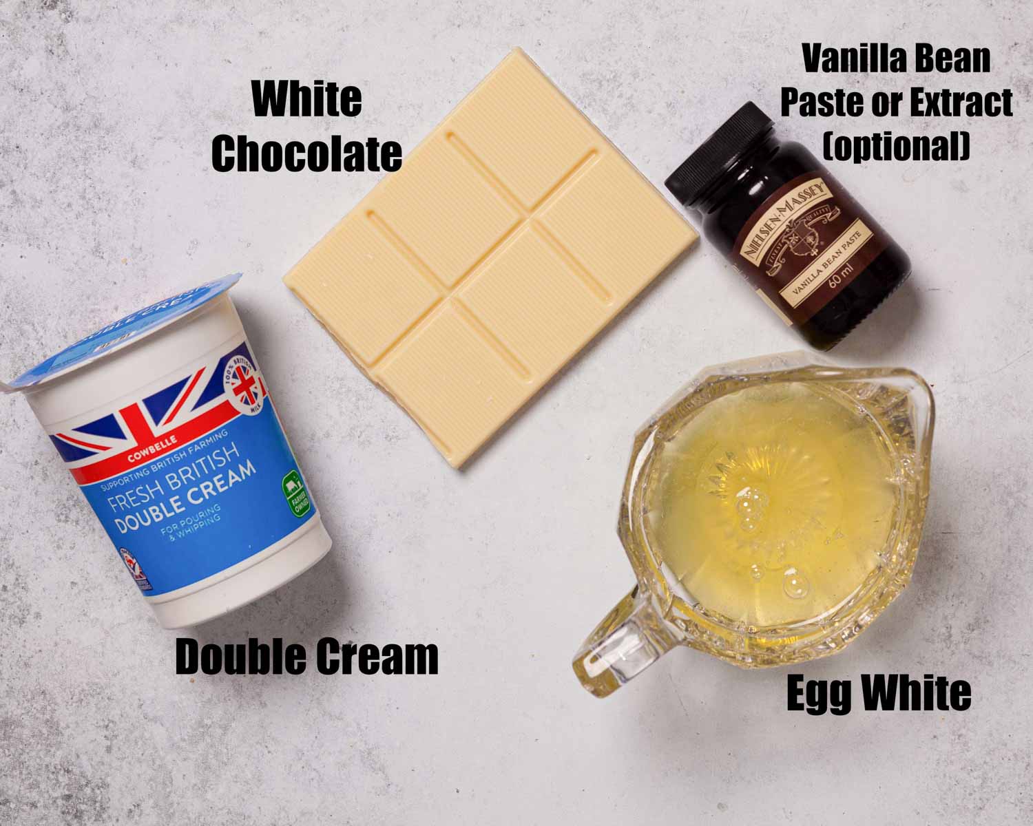 Labelled ingredients for white chocolate mousse.