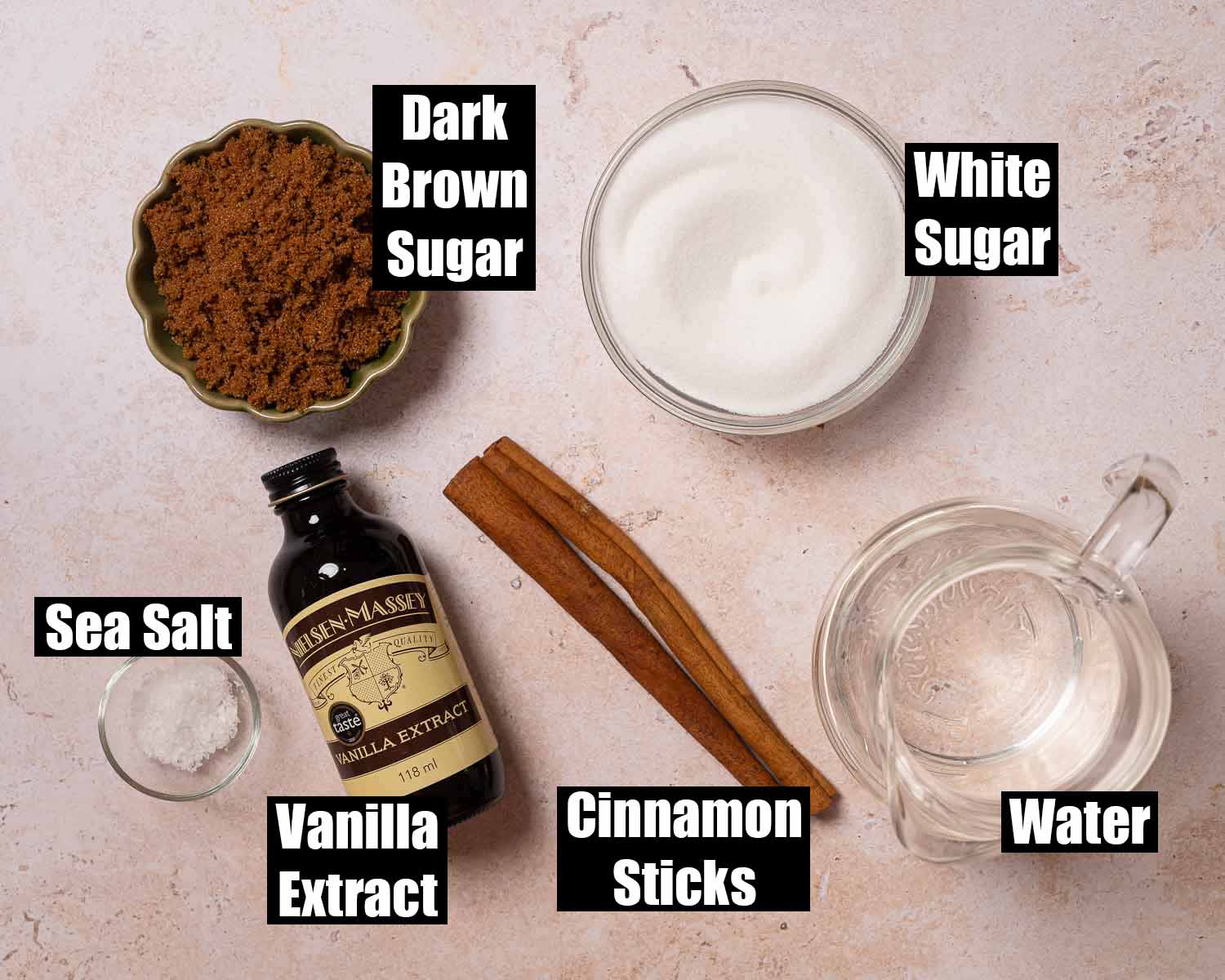 Labelled ingredients for cinnamon dolce syrup.