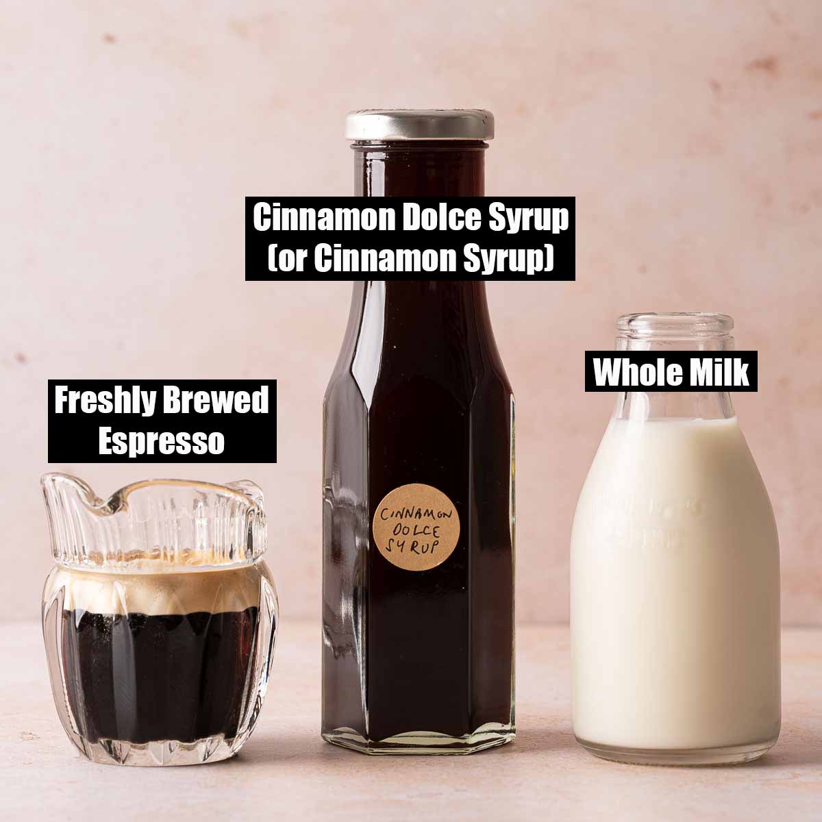 Labelled ingredients for a cinnamon latte.
