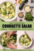 Collage of images showing ingredients for and a courgette salad being made plus the finished dish.
