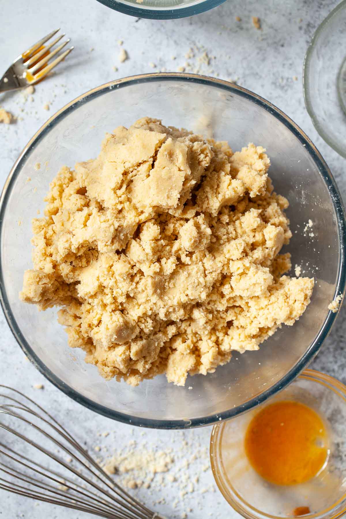 Dough for scottish empire biscuits in a mixing bowl.