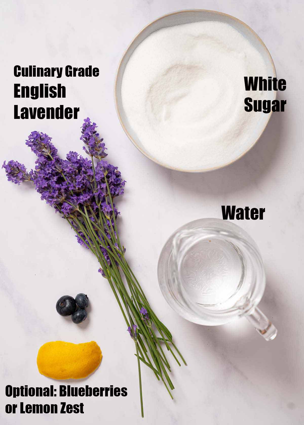 Labelled ingredients for lavender simple syrup.
