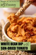 Labelled sun-dried tomato and white bean dip scooped onto a seeded breadstick from a bowl.
