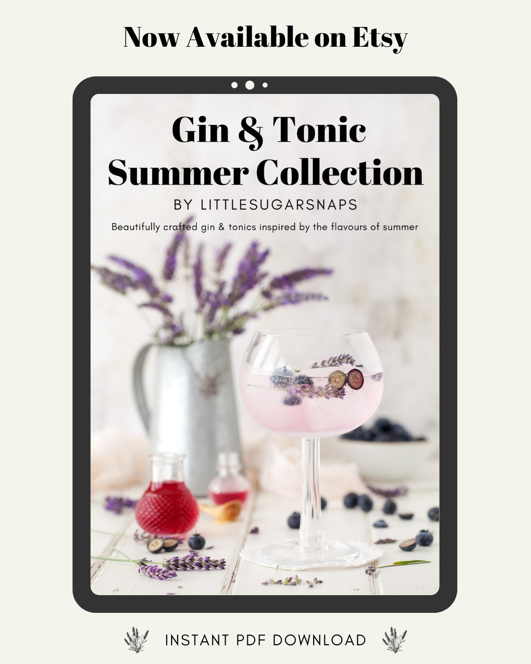 Labelled Ipad mock-up of a gin and tonic recipe collection with a lavender G&T on the front.