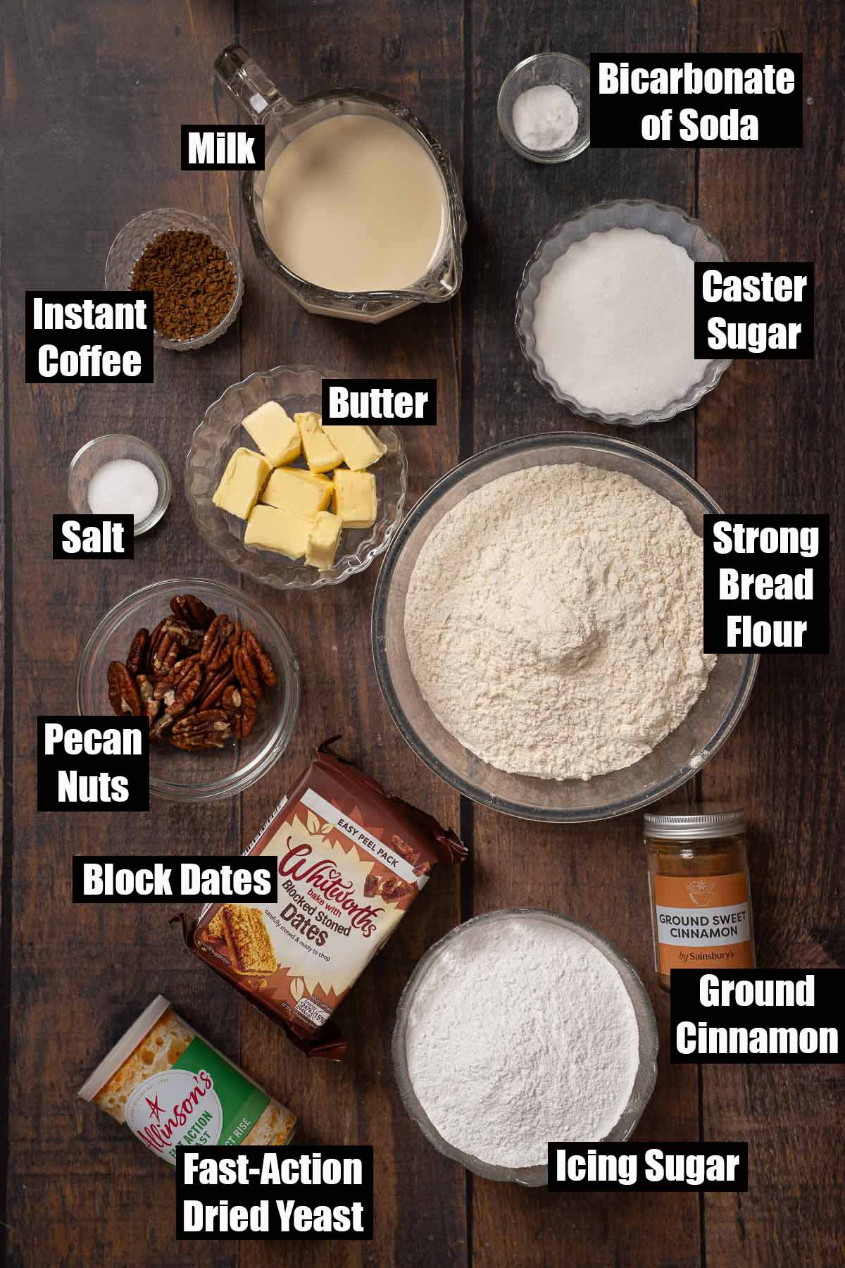 Labelled ingredients for coffee buns with dates.