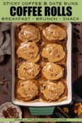 Labelled coffee cinnamon rolls with coffee flavoured glaze and chopped pecan nuts in a baking dish.