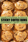 Labelled coffee buns topped with coffee glaze and chopped pecan nuts.