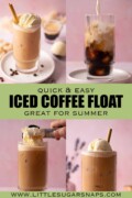 Labelled collage of images for iced coffee float being made and presented.