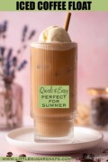 Labelled Aussie iced latte with vanilla ice cream float in a glass with a straw.