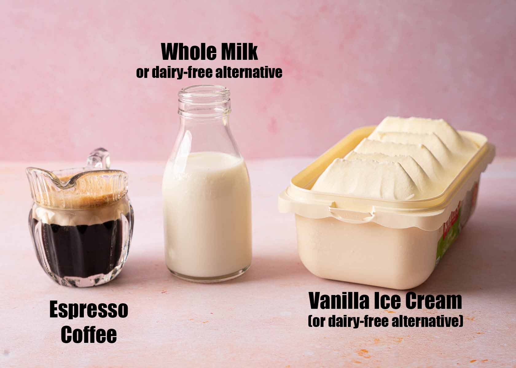 Labelled ingredients for a coffee float.