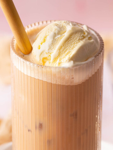 Iced latte topped with vanilla ice cream.