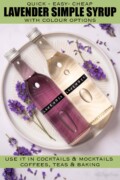 Bottles of labelled lavender simple syrup, one is clear, the other is purple coloured with text overlay.