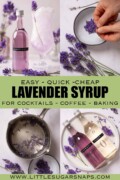 Collage of labelled bottles of lavender syrup and the syrup being made with text overlay.