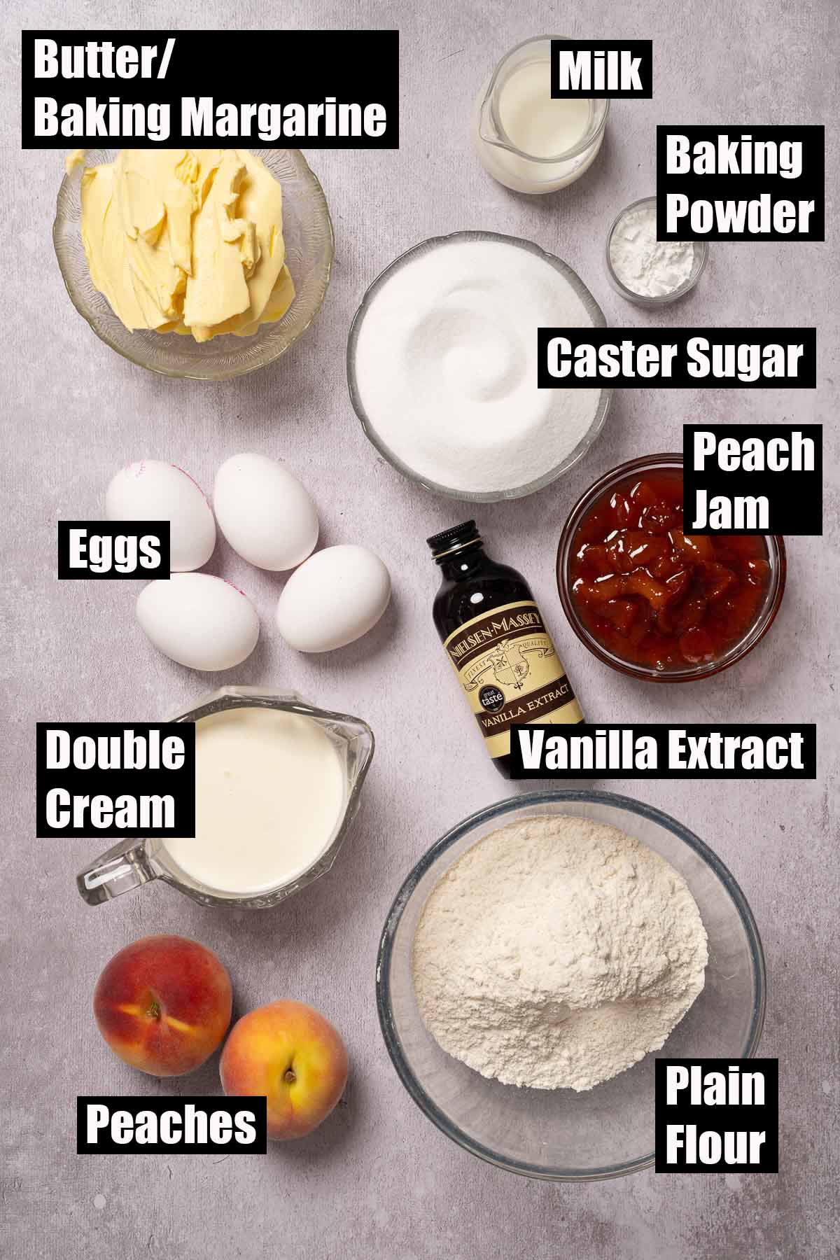 Labelled ingredients for peaches and cream cake.