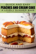 A cut into peaches and cream cake with peach jam and fresh peach slices with text overlay.
