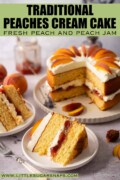 Peach cream cake slice with the rest of the cake in the background with text overlay.