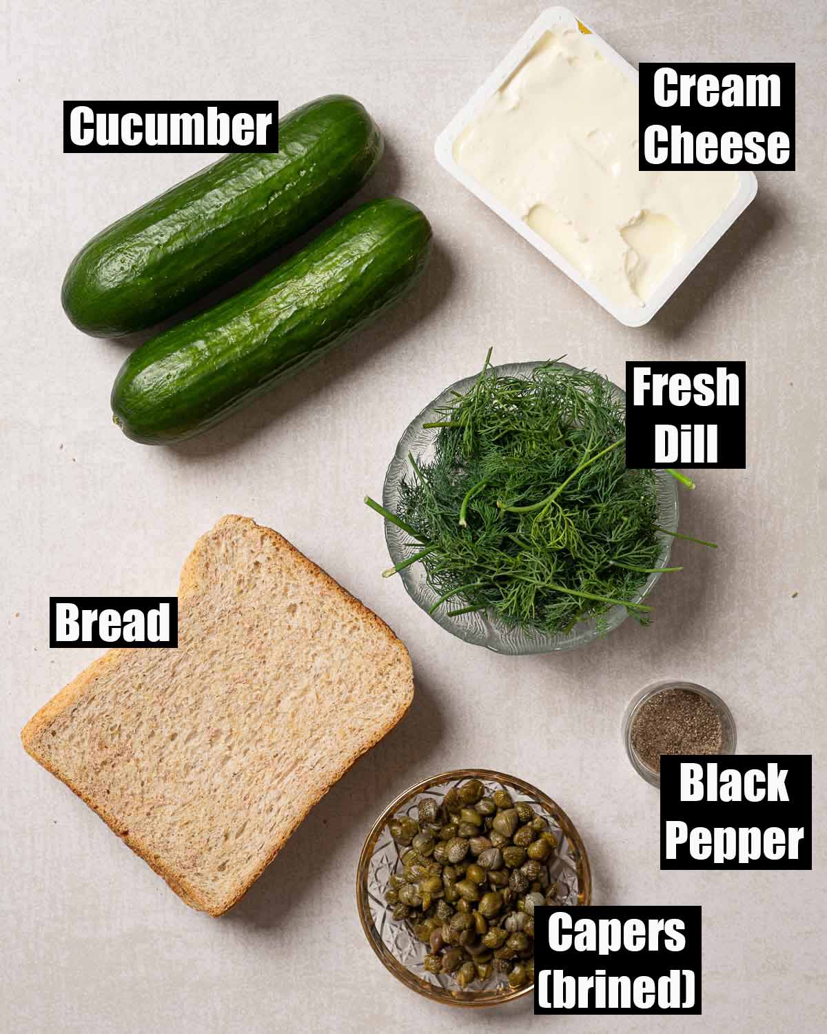 Labelled ingredients for cucumber finger sandwiches.
