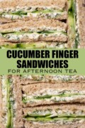 Cucumber cream cheese finger sandwiches stacked closely together with text overlay.