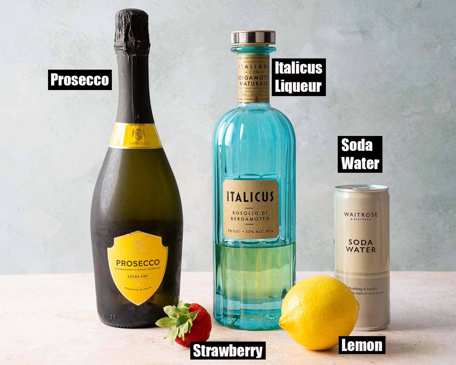 Labelled ingredients for an Italicus spritz.