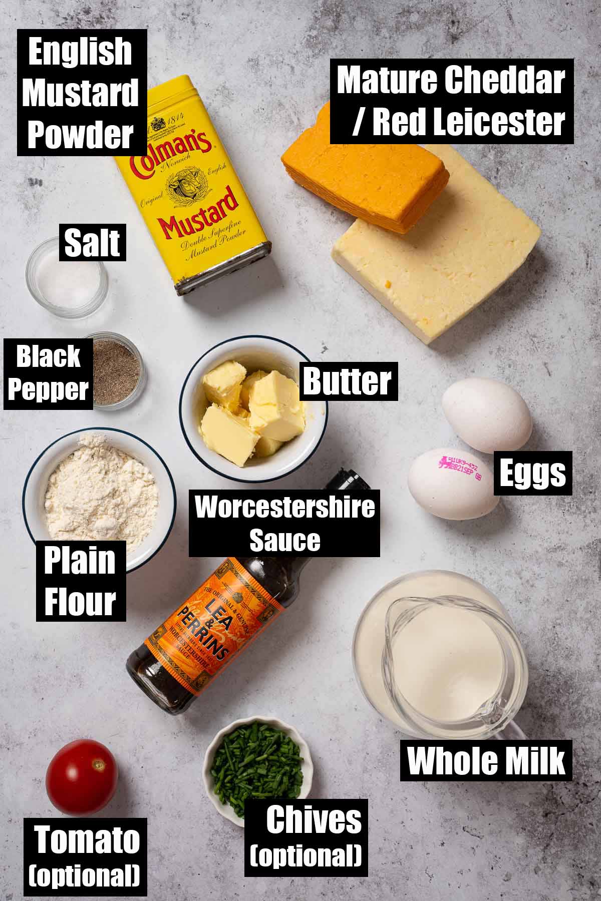 Ingredients for savoury cheese pudding with text overlay.