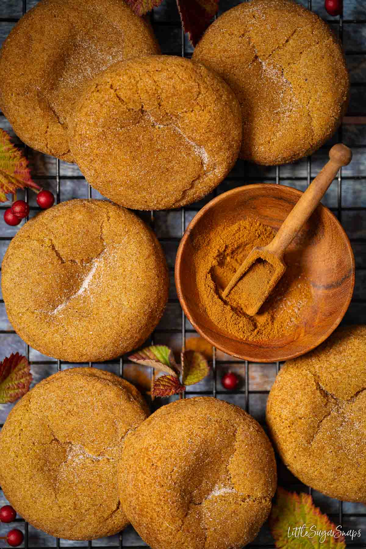 A rack of pumpkin pie spice cookies with a bowl of pumpkin spice mix alongside.