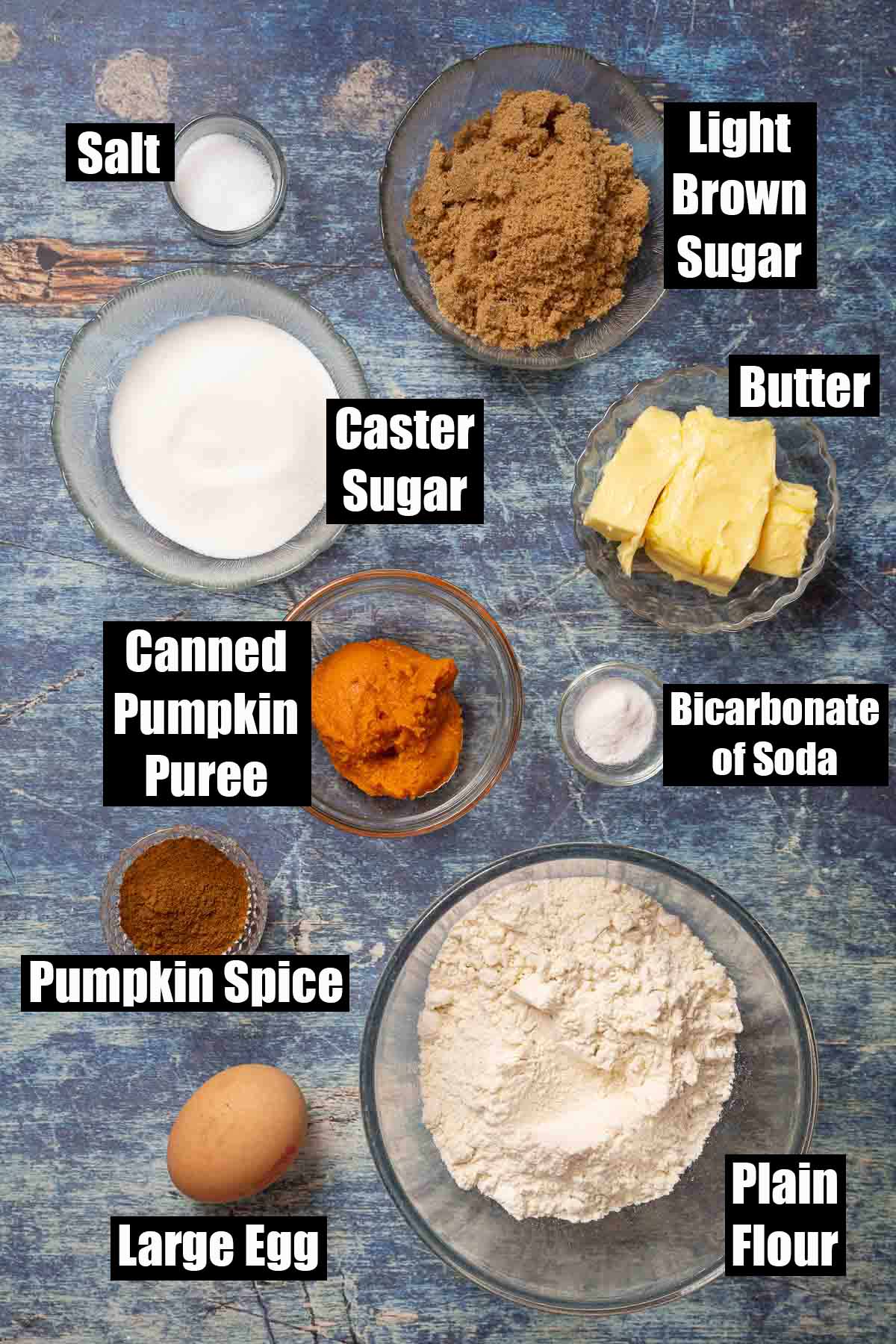 Labelled ingredients for pumpkin pie spice cookies.