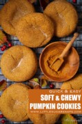 Labelled chewy pumpkin cookies with a bowl of pumpkin spice mix alongside.